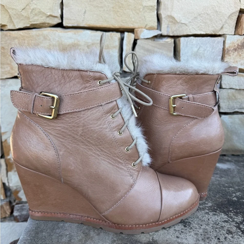 kate spade Tay Booties Tan Leather Wedge Ankle Boots w/ Faux Fur Trim Sz-10.5. X